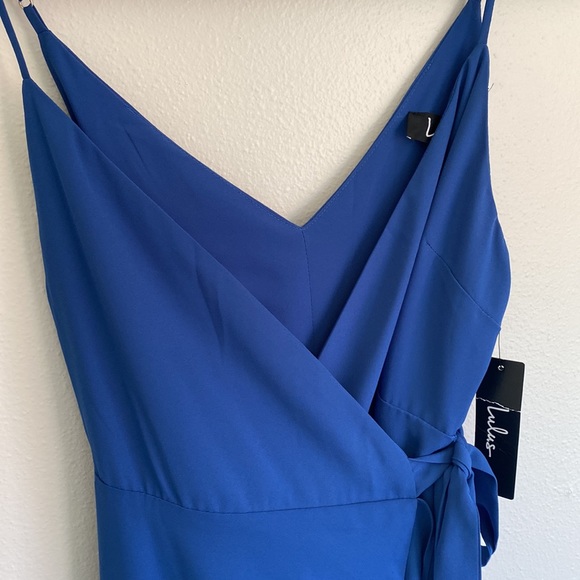 Lulus Manhattan Moment Blue Wrap Ruffled Midi Dress - Picture 5 of 9
